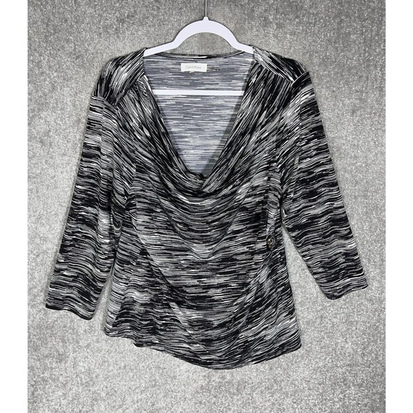 Calvin Klein Draped Scoop Neck Top Womens Size XL Stretch 3/4 Sleeve Black White - Picture 1 of 7